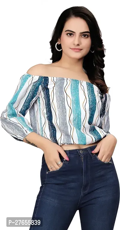 Fancy Blue Crepe Printed Top For Women