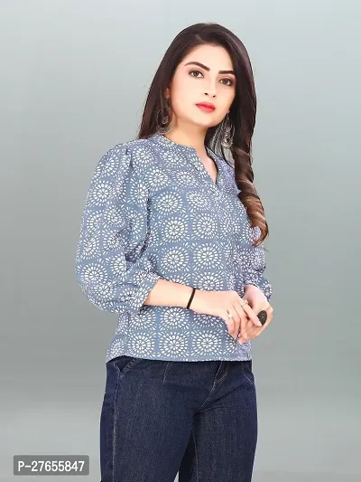 Fancy Blue Crepe Printed Top For Women