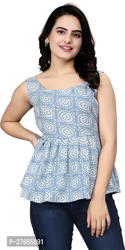 Fancy Blue Crepe Printed Top For Women-thumb0