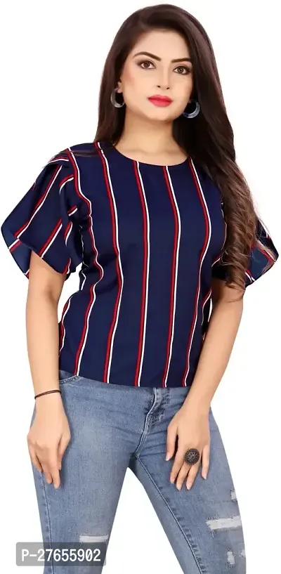 Fancy Navy Blue Crepe Printed Top For Women-thumb0