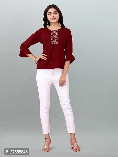 Fancy Maroon Rayon Embroidered Top For Women