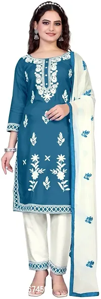 Elegant Blue Polyester Kurta, Bottom And Dupatta Set For Women