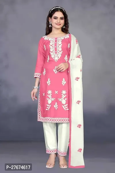 Elegant Pink Cotton Blend Kurta, Bottom And Dupatta Set For Women-thumb0