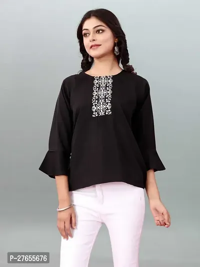 Fancy Black Cotton Blend Embroidered Top For Women