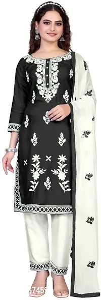 Elegant Black Polyester Kurta, Bottom And Dupatta Set For Women-thumb0