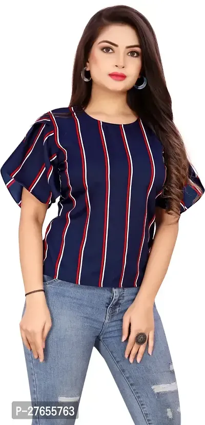 Fancy Navy Blue Crepe Striped Top For Women-thumb0