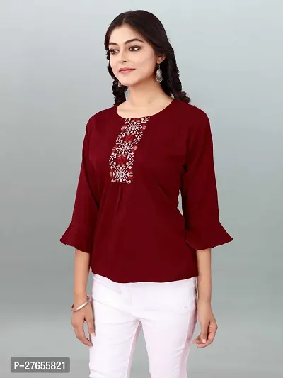 Fancy Maroon Rayon Embroidered Top For Women