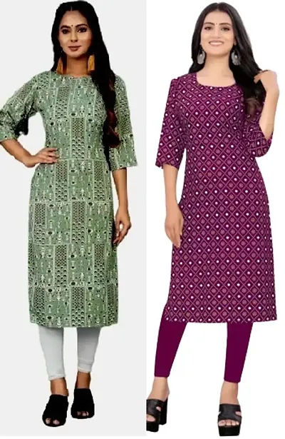 Stylish Multicoloured Crepe Straight Printed Kurti - Pack Of 2