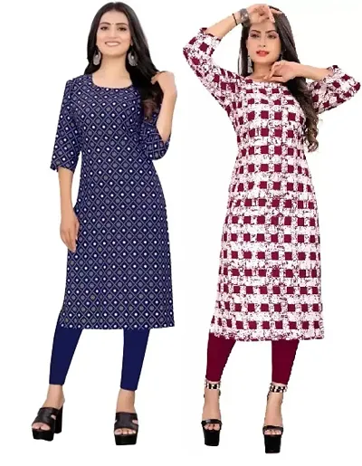 Stylish Multicoloured Crepe Straight Printed Kurti - Pack Of 2