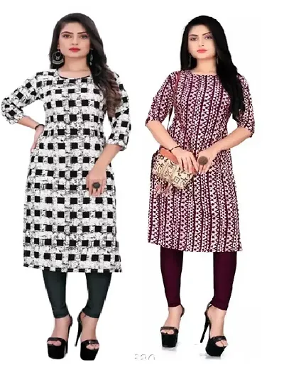 Elegant Multicoloured Stylish Crepe Printed Kurti - Pack of 2