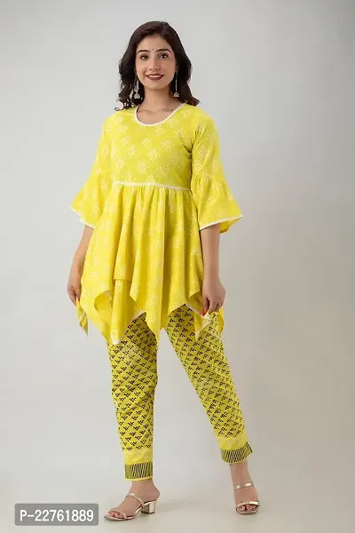 G L Fashion Women Printed 100% Cotton A-Line Anarkali Short Designing Kurta with Printed Pant Set (Yellow)-thumb3