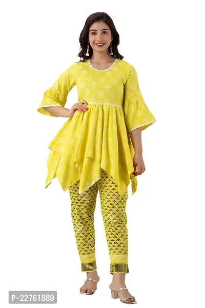 G L Fashion Women Printed 100% Cotton A-Line Anarkali Short Designing Kurta with Printed Pant Set (Yellow)