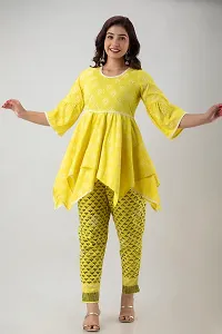 G L Fashion Women Printed 100% Cotton A-Line Anarkali Short Designing Kurta with Printed Pant Set (Yellow)-thumb3