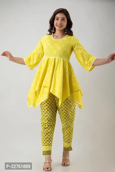 G L Fashion Women Printed 100% Cotton A-Line Anarkali Short Designing Kurta with Printed Pant Set (Yellow)-thumb4