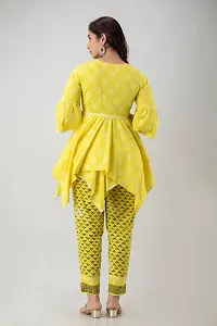 G L Fashion Women Printed 100% Cotton A-Line Anarkali Short Designing Kurta with Printed Pant Set (Yellow)-thumb1