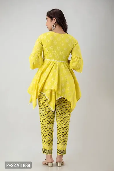 G L Fashion Women Printed 100% Cotton A-Line Anarkali Short Designing Kurta with Printed Pant Set (Yellow)-thumb2