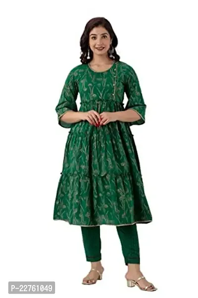 G L Fashion Women's Printed Cotton A-Line Anarkali Designing Kurta with Printed Pant (Green) (XL)