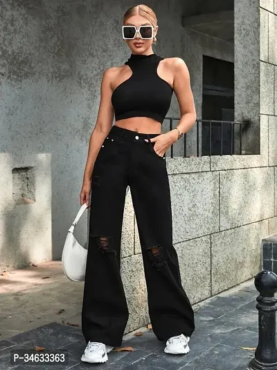 Elegant Black Demin Distress Wide Leg Jeans For Women-thumb4