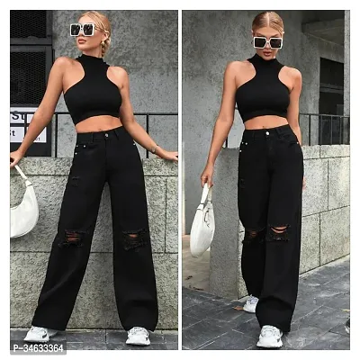 Elegant Black Demin Distress Wide Leg Jeans For Women-thumb0