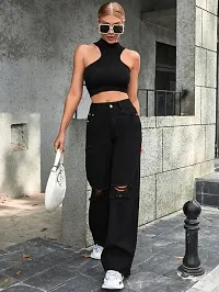 Elegant Black Demin Distress Wide Leg Jeans For Women-thumb4