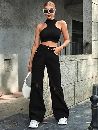 Elegant Black Demin Distress Wide Leg Jeans For Women-thumb3