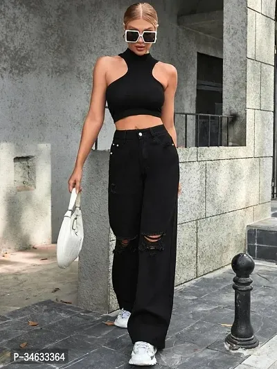 Elegant Black Demin Distress Wide Leg Jeans For Women-thumb5