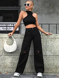 Elegant Black Demin Distress Wide Leg Jeans For Women-thumb2