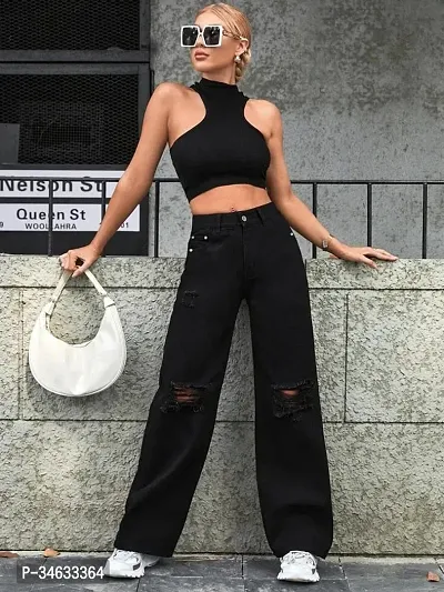 Elegant Black Demin Distress Wide Leg Jeans For Women-thumb3