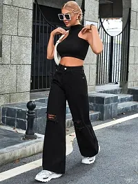 Elegant Black Demin Distress Wide Leg Jeans For Women-thumb1