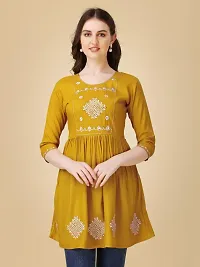 Kailash Fashion Women's Rayon Embroidery Short Flair Frock Regular Kurti for Women Girls, Regular Fit Tops (X-Large, Yellow)-thumb1