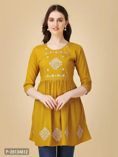 Kailash Fashion Women's Rayon Embroidery Short Flair Frock Regular Kurti for Women Girls, Regular Fit Tops (X-Large, Yellow)-thumb2