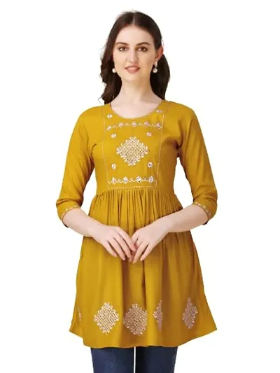 Kailash Fashion Women's Rayon Embroidery Short Flair Frock Regular Kurti for Women Girls, Regular Fit Tops (X-Large, Yellow)