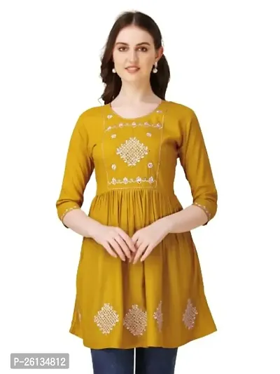 Kailash Fashion Women's Rayon Embroidery Short Flair Frock Regular Kurti for Women Girls, Regular Fit Tops (X-Large, Yellow)