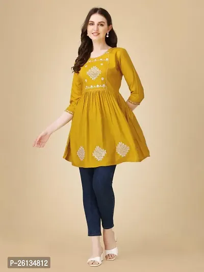 Kailash Fashion Women's Rayon Embroidery Short Flair Frock Regular Kurti for Women Girls, Regular Fit Tops (X-Large, Yellow)-thumb5