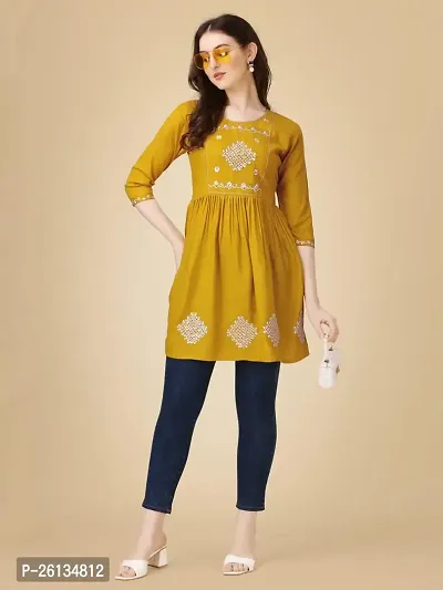 Kailash Fashion Women's Rayon Embroidery Short Flair Frock Regular Kurti for Women Girls, Regular Fit Tops (X-Large, Yellow)-thumb4