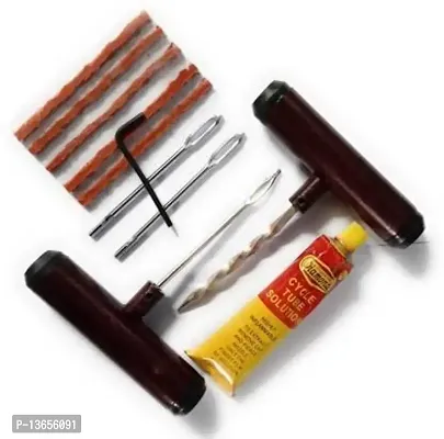 Tubeless Tyre Puncture Repair Kit (Cherry Color) with Free Solid Metal Handle 2 Pcs Eye Needles Tool with 1 Pcs Tube Solution/Adhesive