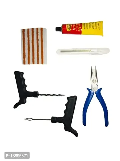 Tubeless Tyre Puncture Repair Kit Puncture Patch Tools (2 Handle Grips + 5 Repair String  + Cutter + Plier + Rubber Solution)