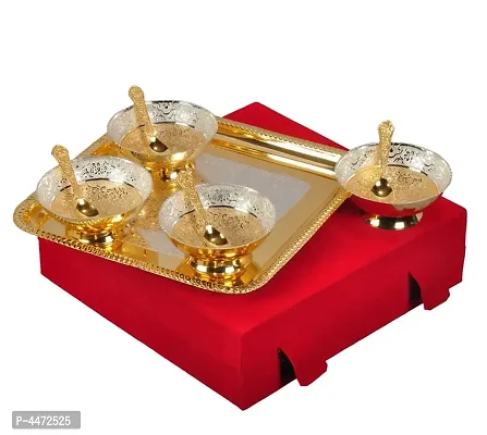 Premium Brass 4 Bowl With 4 Spoon And 1 Tray Set