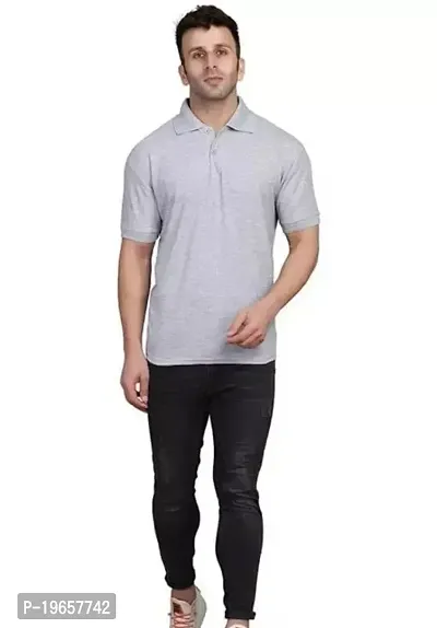 Stylish Grey Cotton Blend Solid Polos For Men