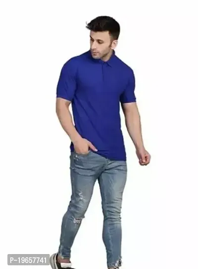 Stylish Blue Cotton Blend Solid Polos For Men-thumb0