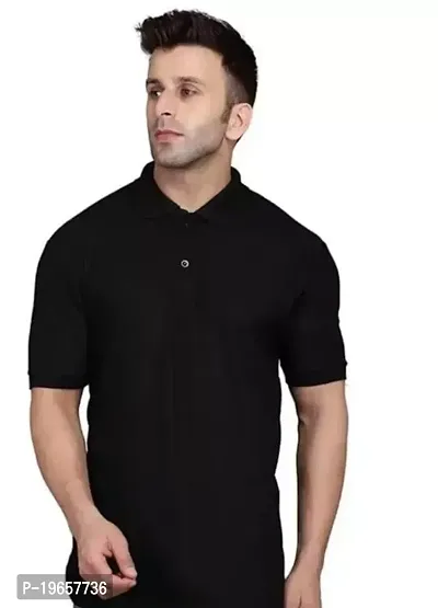 Stylish Black Cotton Blend Solid Polos For Men-thumb0