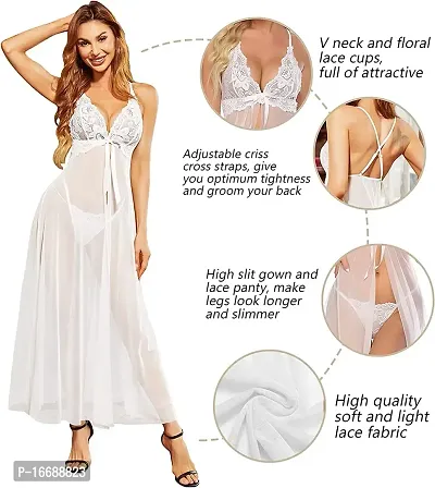 Elissa Henkin Women's Split Long Mesh Lingerie Dress Babydoll Chemise Exotic Sleepwear Night Dress (Free Size, White)-thumb4