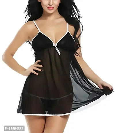 Elissa Henkin Women's Polyester  Spandex Plain Above Knee Babydoll with Panty Night Dress for Women (Free Size, Black)-thumb0