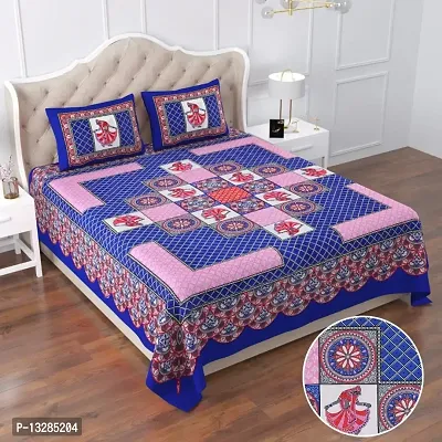 Jaipuri print cotton double flat bedsheet with 2 pillow cover