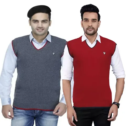 Stylish Wool Solid Sleeveless Sweater For Men Pack Of 2