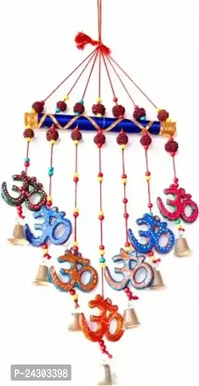 Handcrafted Om  Shape Door Hanging Wooden Windchime 78Cm, Multicolour