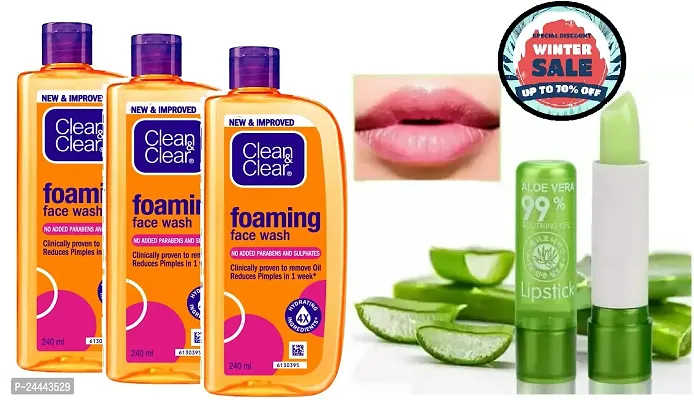Clean  Clear Foaming Face Wash 150 ml (pack of 3) + aloevera lip balm-thumb0