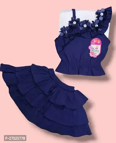 Stylish Navy Blue Cotton Blend Top And Bottom Set For Girls-thumb0