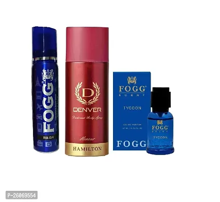 FOGG PERFUME RELISH 25ML + DENVER DEO 50ML HONOR + FOGG TYCONIC SENT 15ML  PERFUME