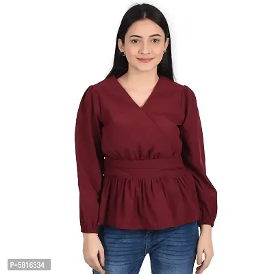 Reliable Maroon Polyester Solid V-Neck Tops For Women-thumb4